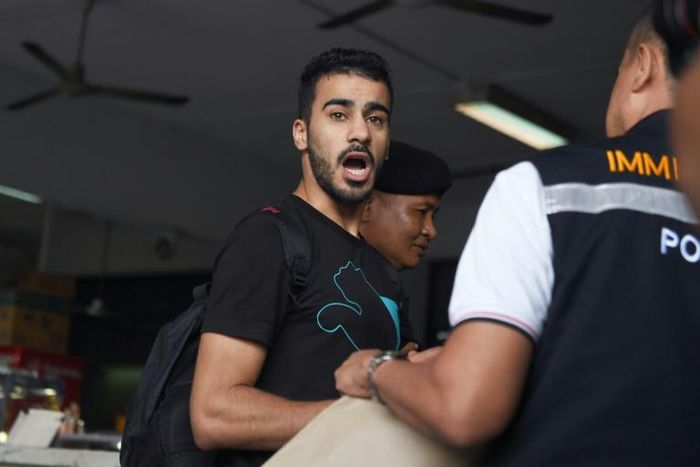 Hakeem Alaraibi, pictured ater he was detained in Thailand, fled Bahrain while on bail in 2013