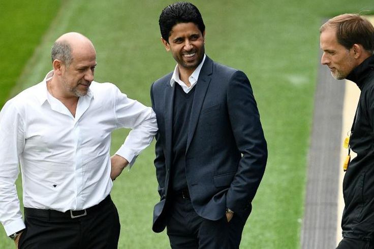 PSG coach Thomas Tuchel (R) with sporting director Antero Henrique (L) and the club's Qatari president Nasser Al-Khelaifi