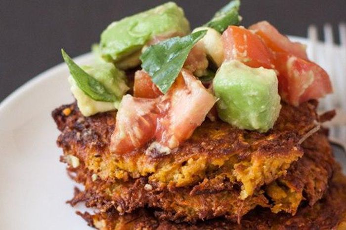 Sweet potato fritters with avocado salsa