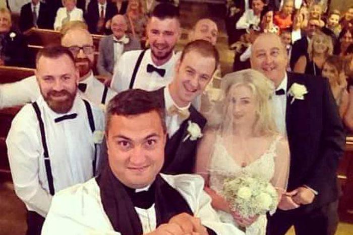 The pastor said: 'We are gathered here today to join these two in holy matrimony but first - let me take a selfie'.