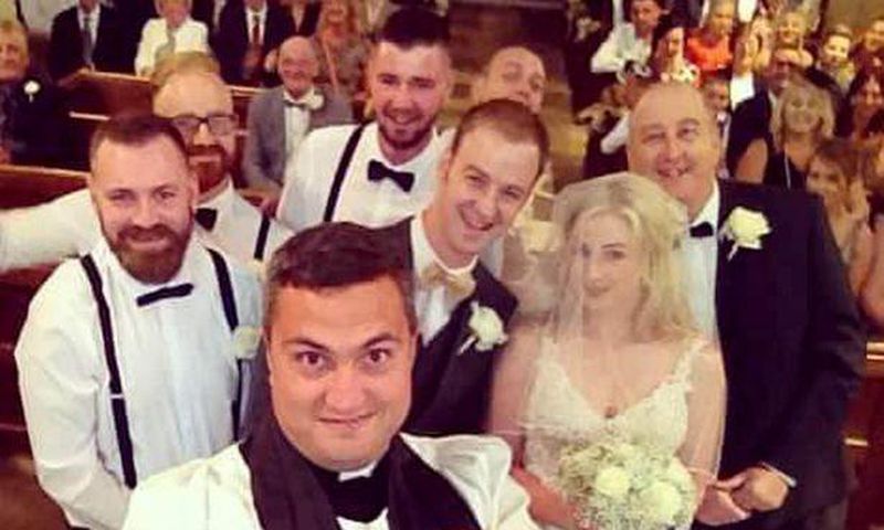 The pastor said: 'We are gathered here today to join these two in holy matrimony but first - let me take a selfie'.