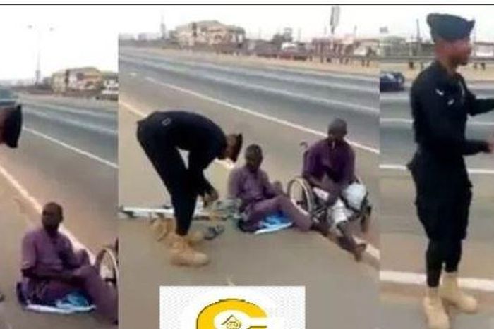 Compassionate Ghanaian police officer buys clutches for disabled beggar (Video)