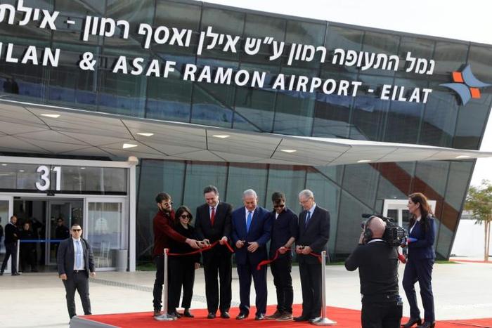 Israeli Prime Minister Benjamin Netanyahu and Transport Minister Israel Katz attend the inauguration of Ramon Airport on January 21, 2019