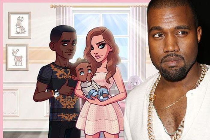 The picture of Kanye, North and Kim Kardashian West characters in the Kim Kardashian Game and a real picture of Kanye West