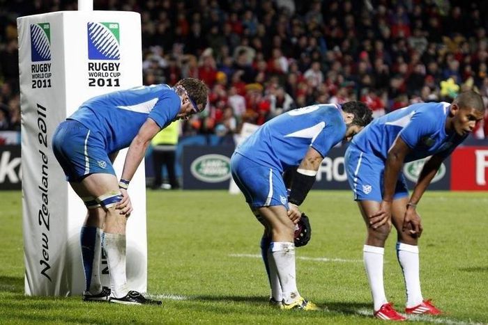 Namibia players react after losing their Rugby World Cup Pool D match against Wales at Stadium Taranaki in New Plymouth September 26, 2011. REUTERS/Nigel Marple