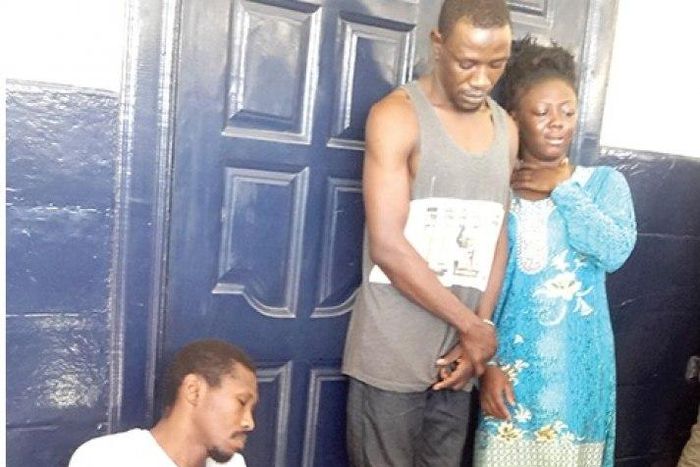 The three suspects, Sadat Sulleman (seated), Tanko Salifu and Adisa Issa after their arrest