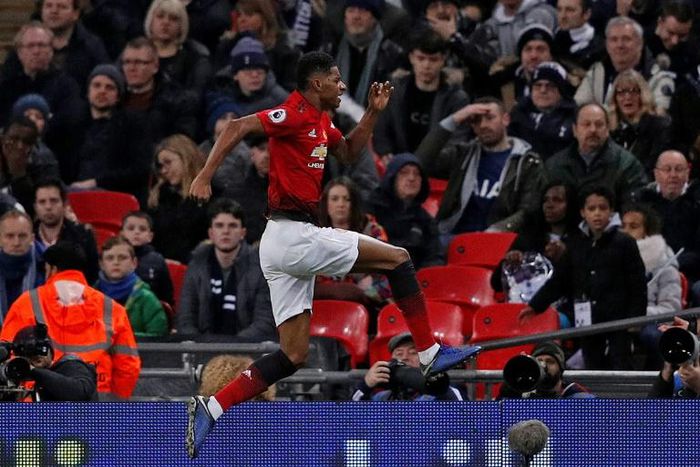 Manchester United forward Marcus Rashford celebrates his goal against Tottenham at Wembley
