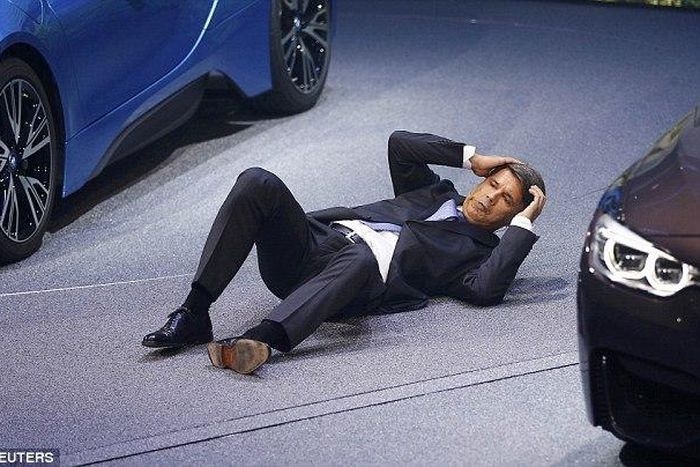 BMW chief executive Harald Krueger collapsed during a press conference at the Frankfurt Auto show while standing beside the company's hybrid electric i8 super car.