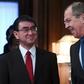 Russian Foreign Minister Sergei Lavrov (R) met his Japanese counterpart Taro Kono for the first time since they agreed last year to increase efforts to sign a treaty to formally end WWII