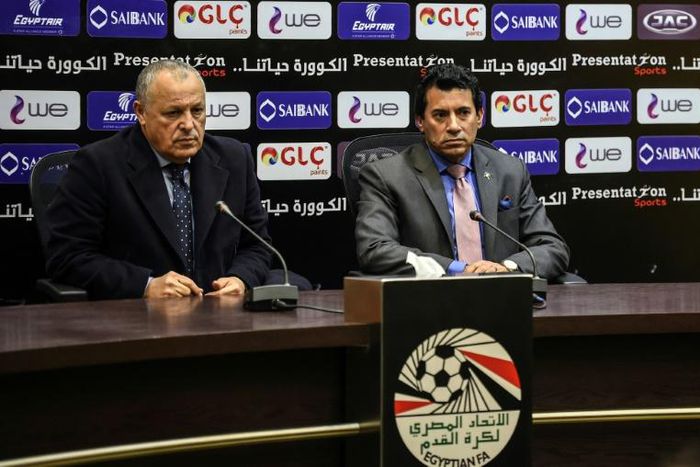Egypt's Minister of Sport shraf Sobhi and Hany Abo Rida of the Egyptian Football Association