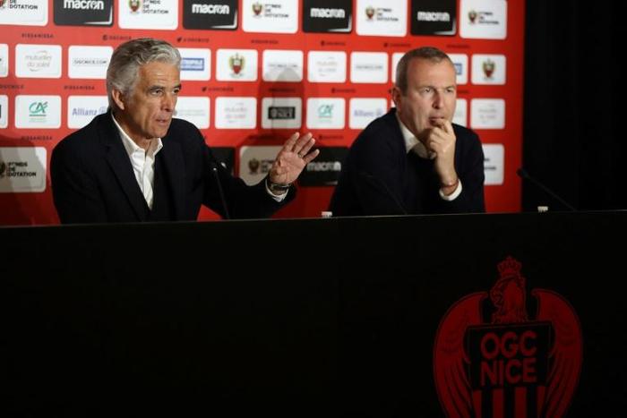 Nice's French club president Jean-Pierre Rivere (L) and French sporting director Julien Fournier announce that they will sell their remaining 20% stake in the Ligue 1 side Nice and will stand down in May 2019