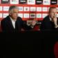 Nice's French club president Jean-Pierre Rivere (L) and French sporting director Julien Fournier announce that they will sell their remaining 20% stake in the Ligue 1 side Nice and will stand down in May 2019
