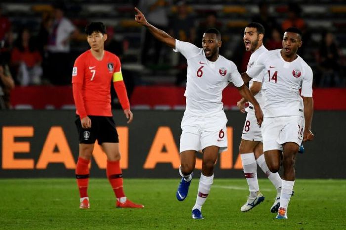 Abdelaziz Hatim celebrates his goal that earned Qatar a shock victory over South Korea