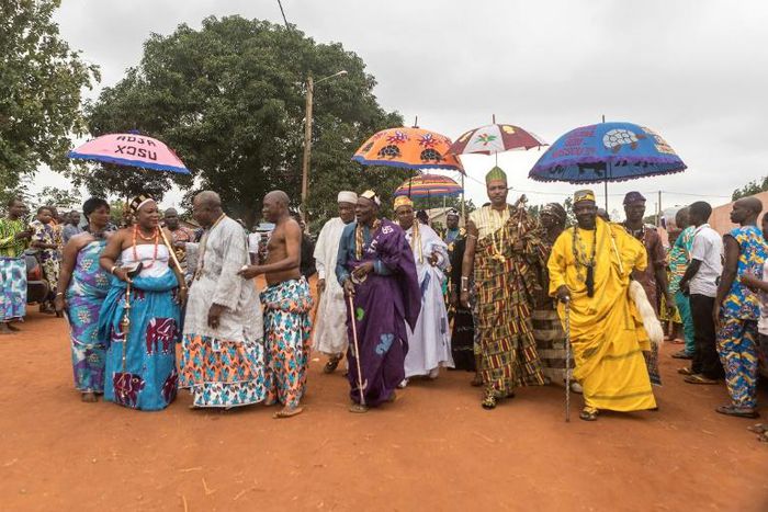 Kings from various districts of Abomey, Benin, arrive for the funeral of Dah Dedjalagni Agoli-Agbo, monarch of the former military kingdom of Dahomey on August 11, 2018