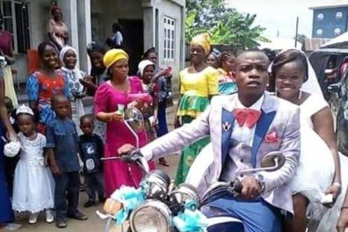 Bride excited as ‘broke’ groom carries her on a motorbike