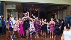 Airborne ladies trying to catch the bouquet