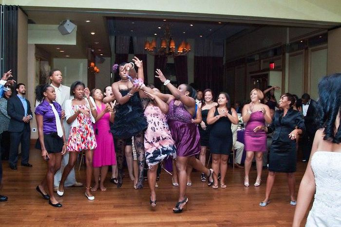 Airborne ladies trying to catch the bouquet