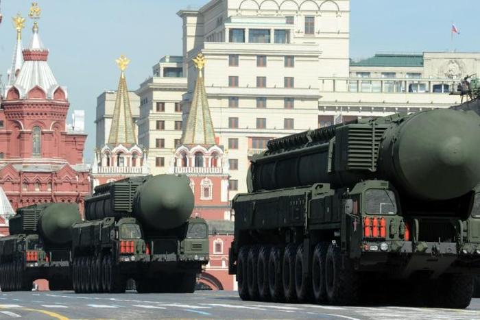 A column of Russia's Topol intercontinental ballistic missile launchers rolls at the Red Square in Moscow, on May 9, 2013, during Victory Day parade