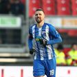 Veteran striker Vedad Ibisevic celebrates after scoring Hertha Berlin's opening goal in Sunday's league win at bottom side Nuremberg
