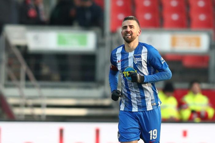 Veteran striker Vedad Ibisevic celebrates after scoring Hertha Berlin's opening goal in Sunday's league win at bottom side Nuremberg
