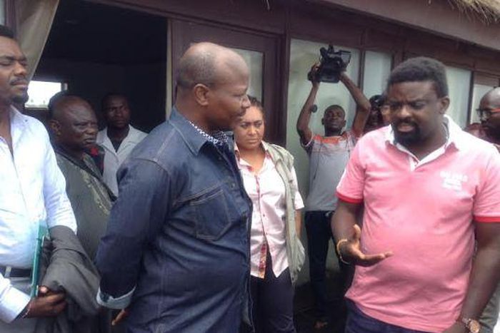 CEO BoI, Mr Olaoluwa Rasheed, visits Nollywood actor and producer, Kunle Afolayan at move set for 'The CEO'