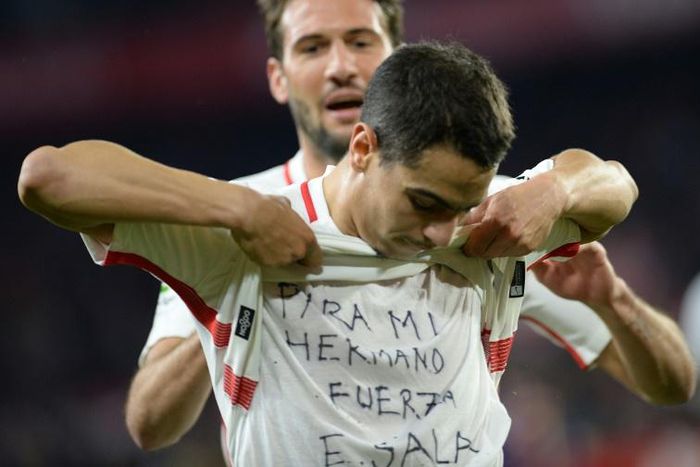 Sevilla forward Wissam Ben Yedder shows a t-shirt supporting Emiliano Sala in Wednesday's game