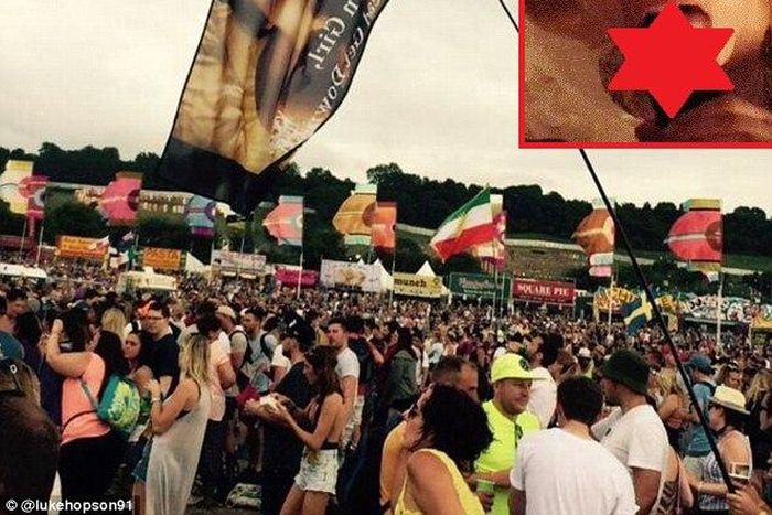 Fan waves flag of Kim Kardashian's famous sex tape at Glastonbury Music Festival 2015