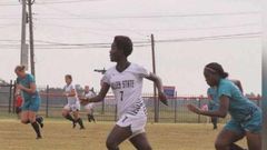 On fire: Ernestina Abambila in full swing with the ball in the game for Mississippi Valley State University