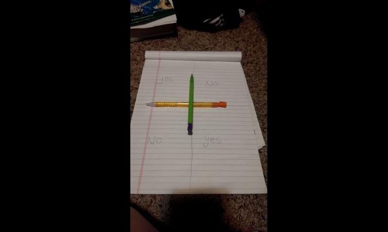 The set up of the pencils and the sheet of paper in the #CharlieCharlie pencil game.