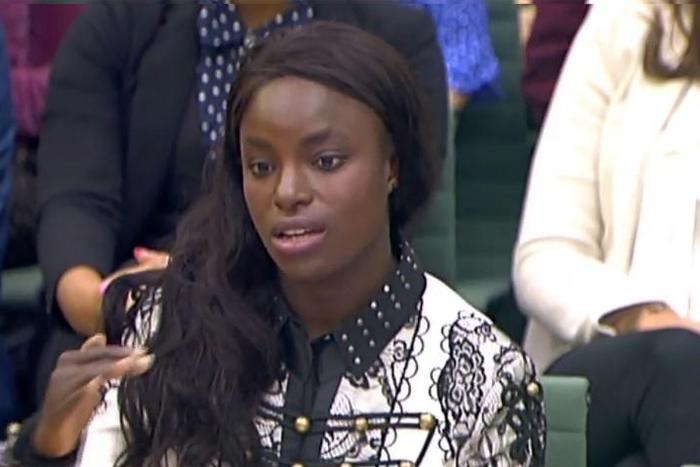 England football player Eniola Aluko gives evidence to the Houses of Parliament in London