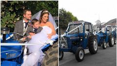 27-yr-old Claire Davies had driven in a borrowed tractor to wed her farmer husband, Huw Davies
