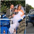 27-yr-old Claire Davies had driven in a borrowed tractor to wed her farmer husband, Huw Davies