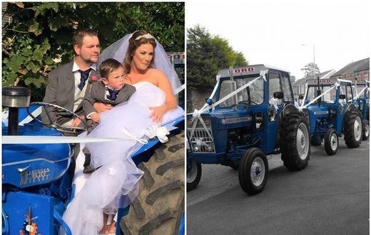 27-yr-old Claire Davies had driven in a borrowed tractor to wed her farmer husband, Huw Davies