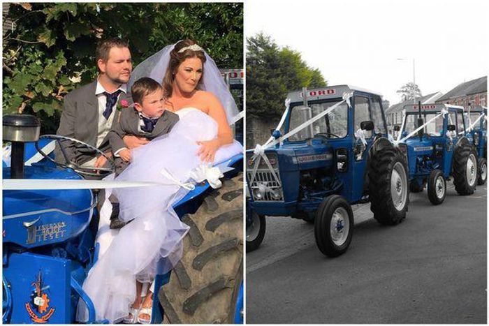 27-yr-old Claire Davies had driven in a borrowed tractor to wed her farmer husband, Huw Davies
