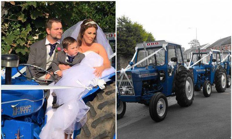 27-yr-old Claire Davies had driven in a borrowed tractor to wed her farmer husband, Huw Davies