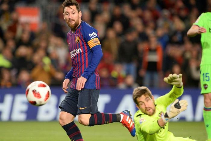 Lionel Messi scoring in Barcelona's Copa del Rey win over Levante on Thursday - he is the top scorer in La Liga with 17 goals
