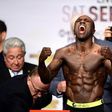 Andre Berto weighs in for his upcoming boxing fight against Floyd Mayweather (not pictured) at MGM Grand Garden Arena, September 11, 2015.  Joe Camporeale-USA TODAY Sports