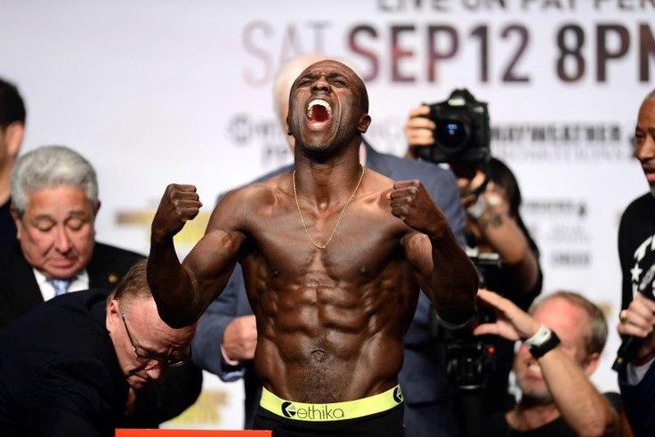 Andre Berto weighs in for his upcoming boxing fight against Floyd Mayweather (not pictured) at MGM Grand Garden Arena, September 11, 2015.  Joe Camporeale-USA TODAY Sports