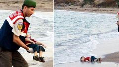A government official finds the body of a drowned Syrian child washed ashore on Turkish beaches