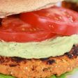 Roasted garlic chipotle cheddar sweet potato burger with avocado ranch