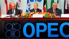 The president of OPEC, Chakib Khelil (center) the president of OPEC a meeting in 2008.