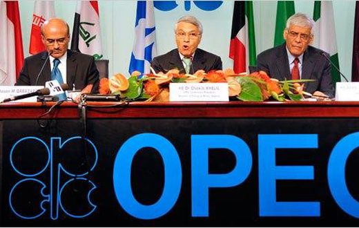 The president of OPEC, Chakib Khelil (center) the president of OPEC a meeting in 2008.