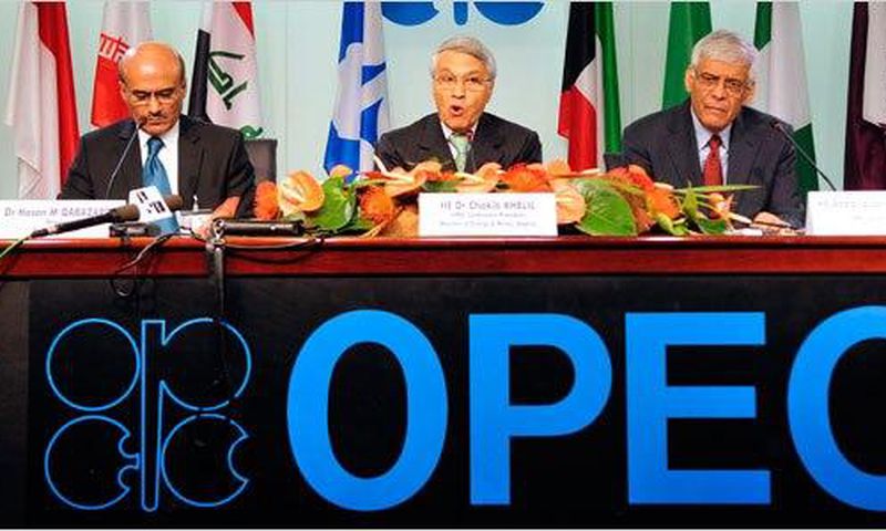 The president of OPEC, Chakib Khelil (center) the president of OPEC a meeting in 2008.