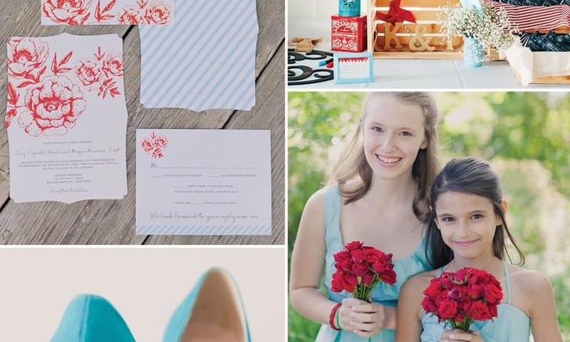 Wedding color combination of aqua, cherry red and khaki