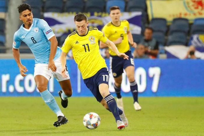 Callum McGregor (C, pictured October 2018) and his teammates were on target for Celtic as the champions continued their 100 percent record at home in the league