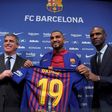 Kevin-Prince Boateng (C) is unveiled by Barcelona after joining the club on loan for the rest of the season