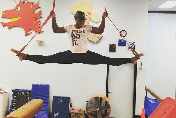 Serena Williams engaged in a mid-air split