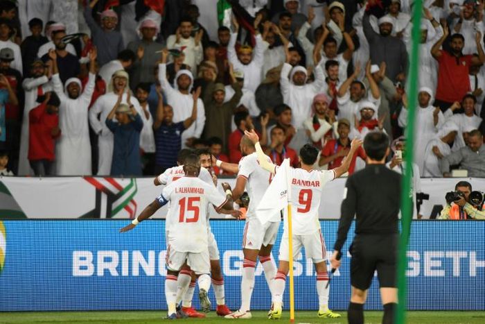 UAE players celebrate their opening goal against India