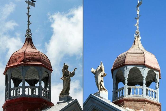 The statue of Jesus atop St. Francis of Assisi church in Aden (pictured L in March 2015 and R in January 2019) now has no head