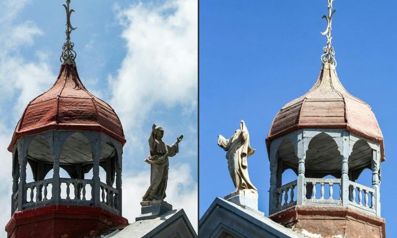 The statue of Jesus atop St. Francis of Assisi church in Aden (pictured L in March 2015 and R in January 2019) now has no head